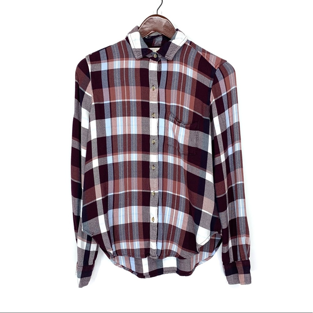 Aeropostale Western Plaid Long Sleeve Soft Button Down Shirt Maroon Purple Blue